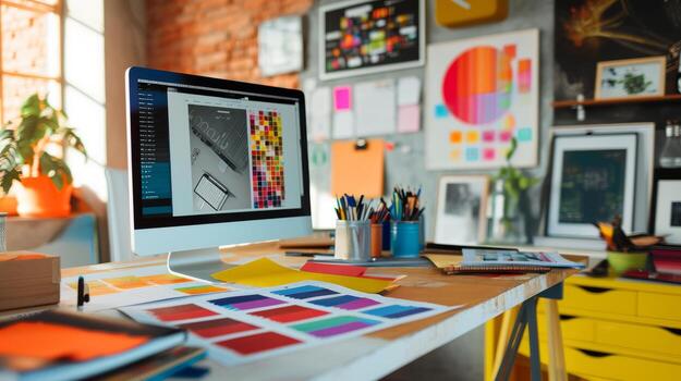 ai generated colorful graphic design workspace with creative tools photo